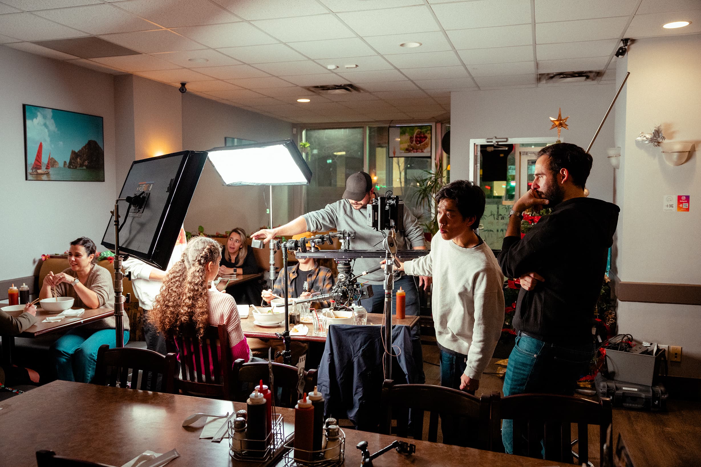 Wide of the restaurant set with lighting rig