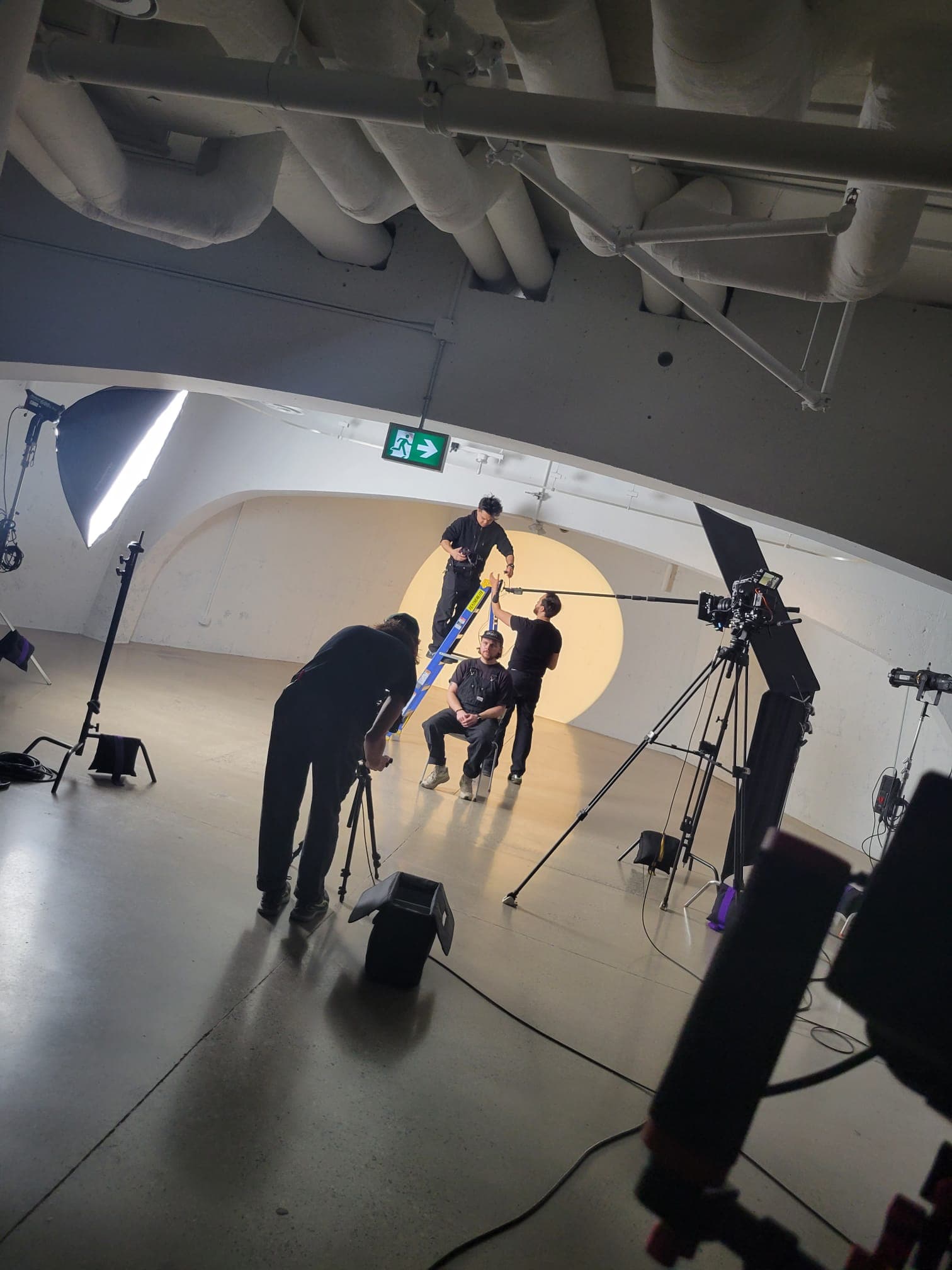 Monitor view of the interview setup on set